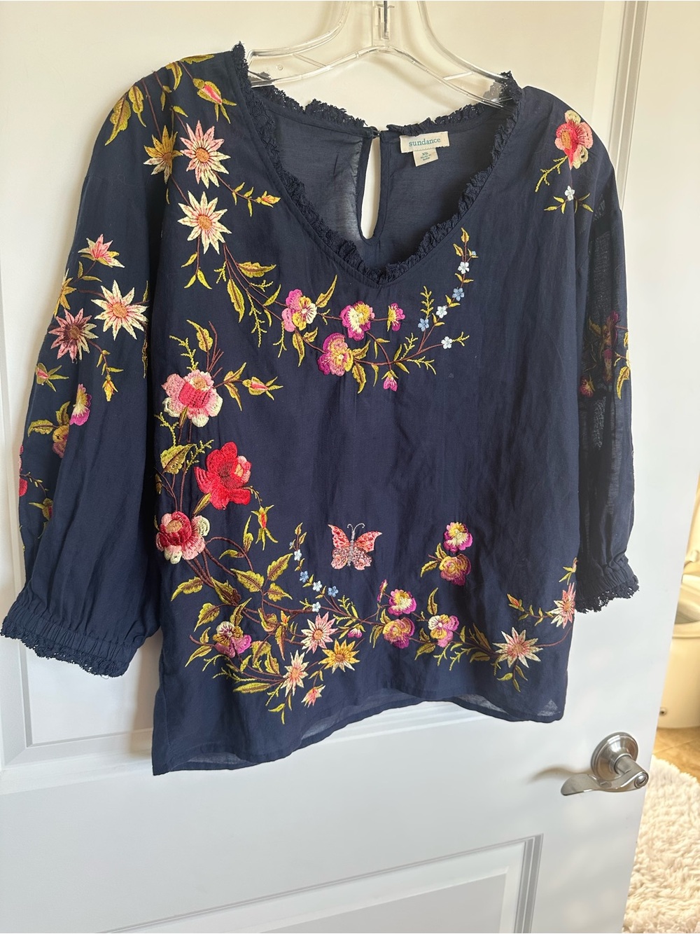 Sundance Navy Floral Embroidered V-Neck Blouse
